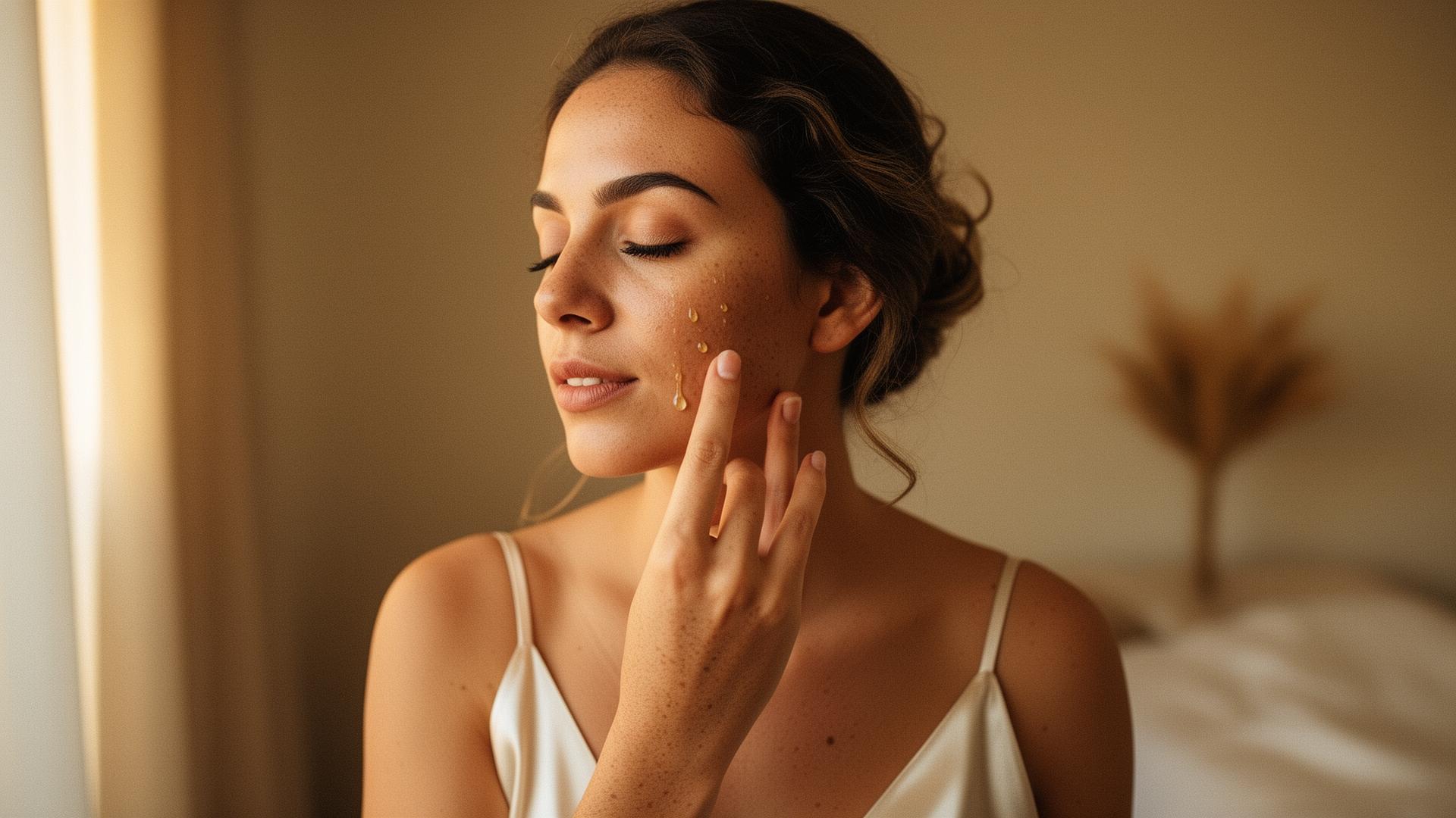 Giovanna em momento de ritual aplicando óleo facial